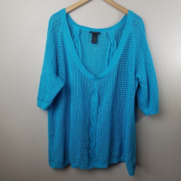 Lane Bryant Sweater Teal Open Knit V Neck 3/4 Sleeve Top Size 22/24 - Picture 10 of 11